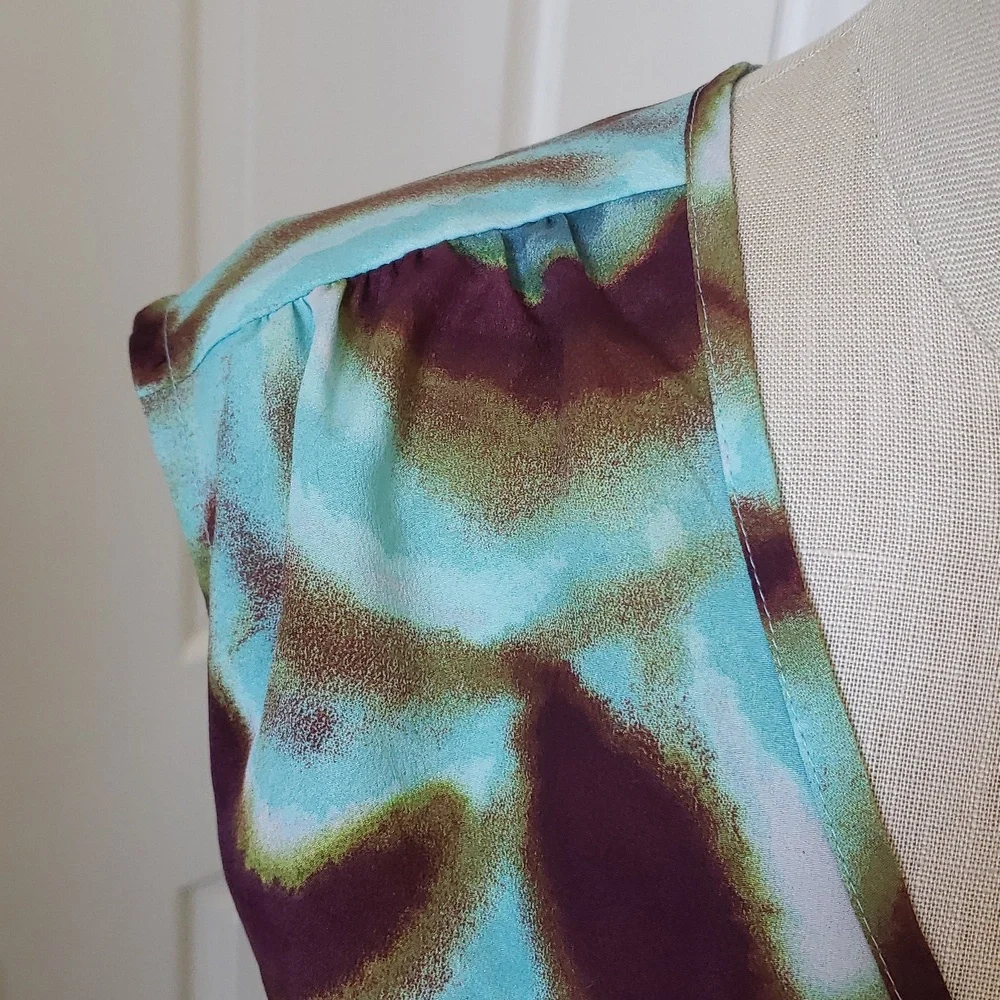 LOFT Teal Maroon Print Dress V-neck Cinched Waist Retro Flair SIZE 6P PETITE